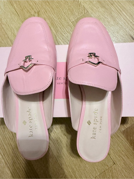 kate spade Shoes - kate spade Pink Leather Backless Loafers with Gold Accent